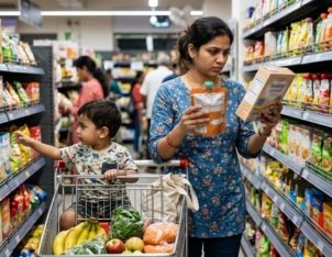 Indian mother reading nutrition labels on toddler packaged food in supermarket