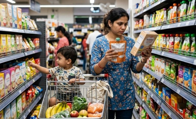 Indian mother reading nutrition labels on toddler packaged food in supermarket