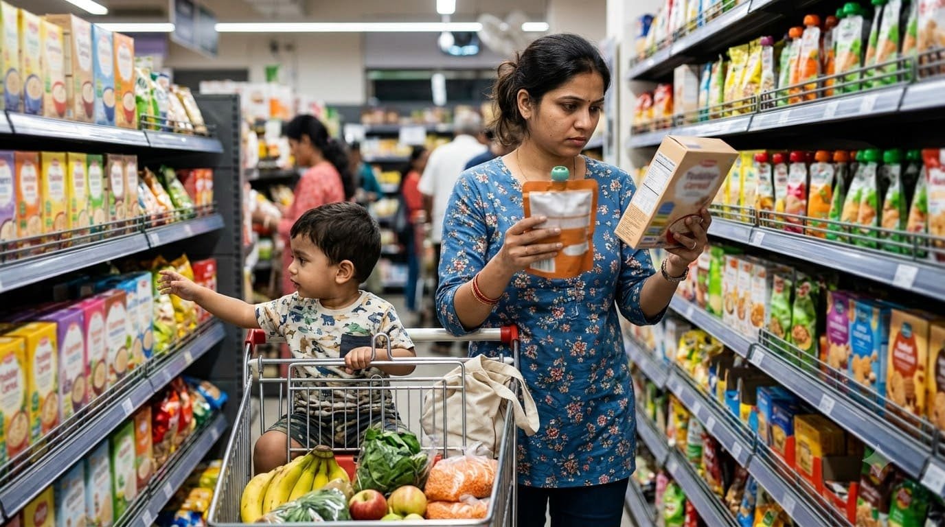 Indian mother reading nutrition labels on toddler packaged food in supermarket